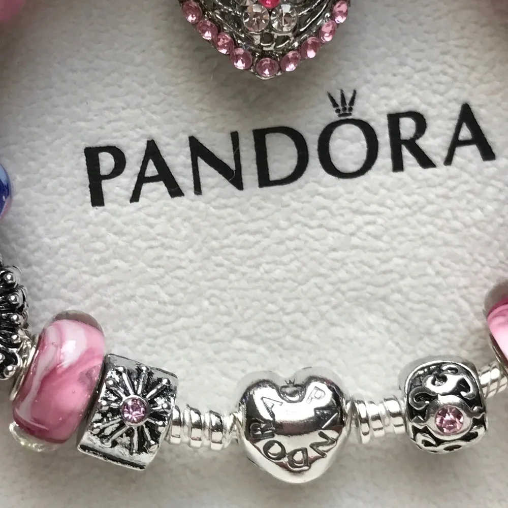 Authentic PANDORA Heart Clasp S925 Silver Bracelet with Murano Glass Beads 7.9" - Picture 7 of 16